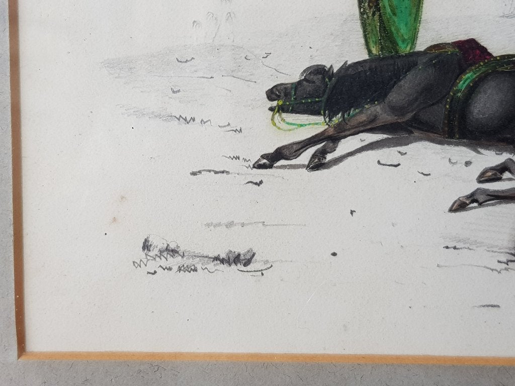 Man met paard mooie oude ingelijste Oosterse aquarel 27 cm., Antiek en Kunst, Meerkleurig, Ophalen of Verzenden, Schilderij, Handgemaakt
