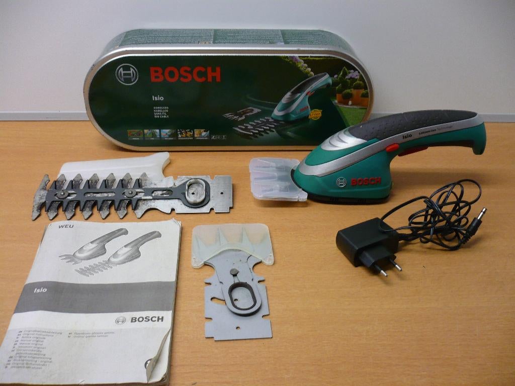 Bosch isio accu gras- buxusschaar in metalen blik., Ophalen of Verzenden, Gebruikt, Accu, Bosch