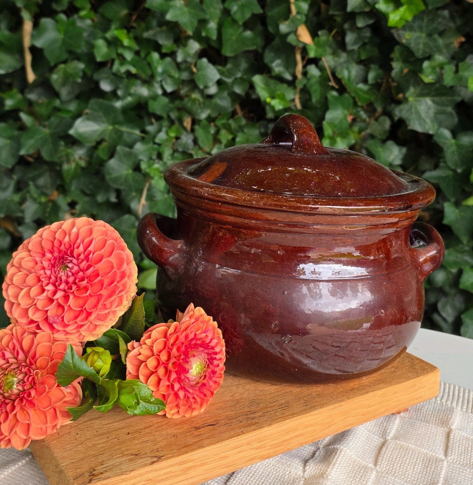 Vintage Aardewerken Bruine Pot met Deksel, ovenschaal, Gebruikt, Vintage, Pot, Bus of Blik, Ophalen of Verzenden