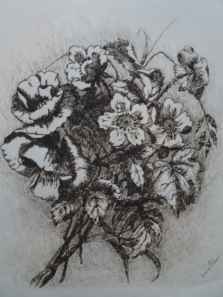 Ets Bloemstilleven klaprozen en anemonen, Louise Elsen 1880, 1800 - 1899, Ets, Ophalen of Verzenden, Origineel