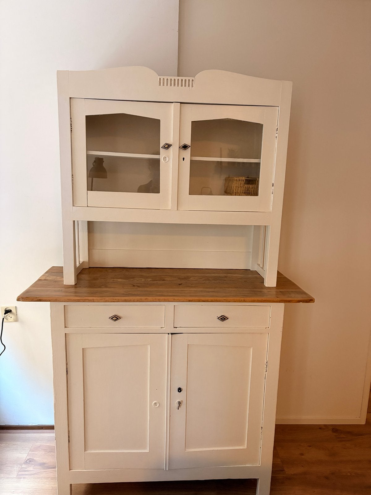 Vintage wit keukenkastje met houten blad, Ophalen of Verzenden