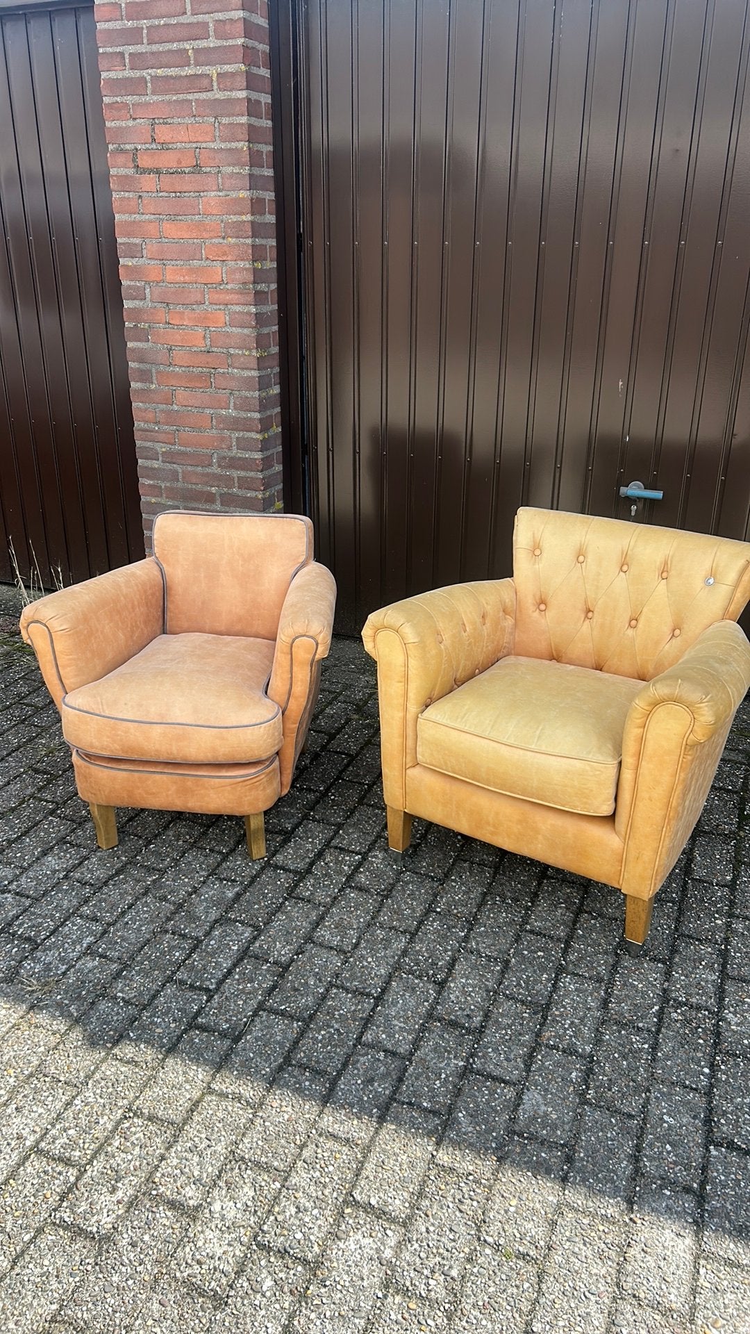 Fauteuil Rivièra Maison okergeel leder  €125 p/st, Huis en Inrichting, Fauteuils, Ophalen, Gebruikt, 75 tot 100 cm, 50 tot 75 cm