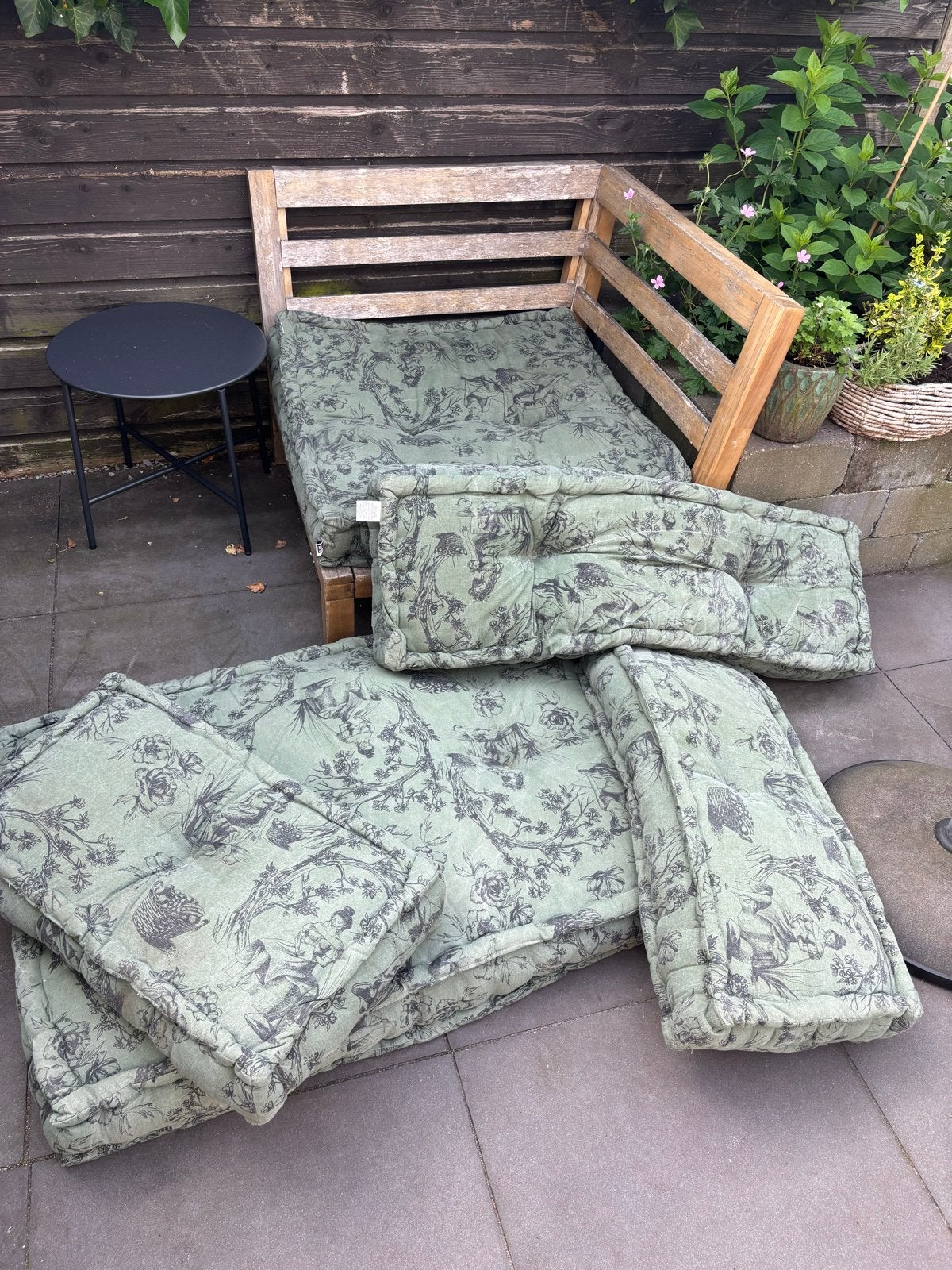 Groene tuinkussens met patroon - set van 5, Tuin en Terras, Tuinmeubel-accessoires, Gebruikt, Ophalen