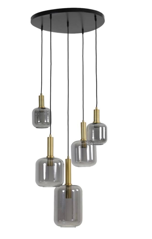 Hanglamp 5L Ø66x80 cm LEKAR antiek brons+smoke glas, Ophalen of Verzenden, Nieuw, Glas, Minder dan 50 cm