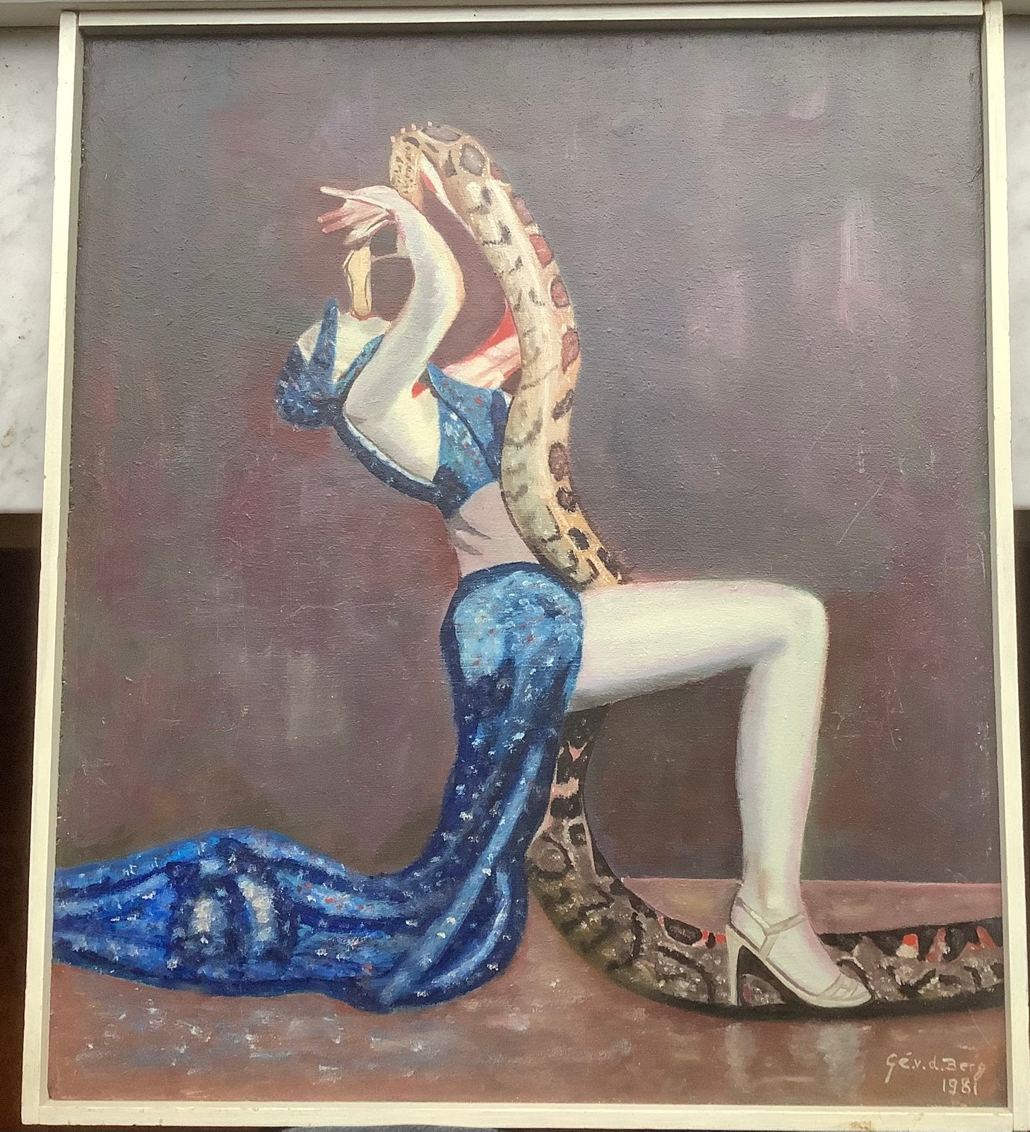 Slang, dans, schilderij, vd Berg, python, Boa, signatuur, Antiek en Kunst, Paneel, Ophalen of Verzenden, Gedateerd, Olieverf