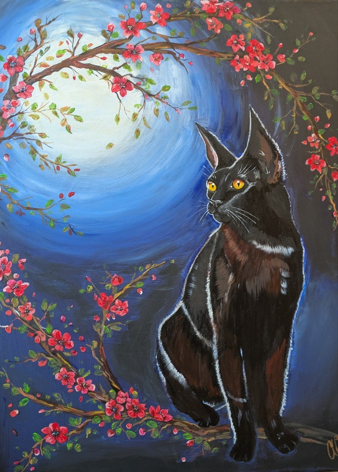 kat bij volle maan schilderij, Ophalen of Verzenden, Textiel, Gelimiteerde oplage, Acrylverf