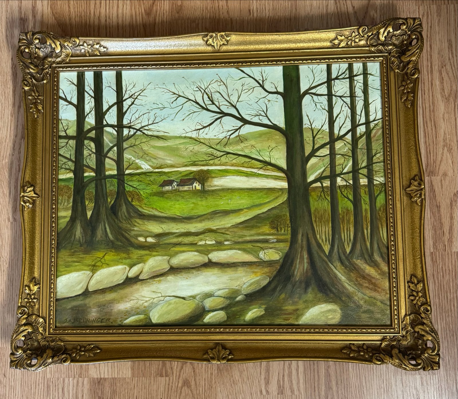 Klassiek olieverfschilderij — Gesigneerd J.A. Meijninger, Ophalen, Doek, Realistisch, Landschap