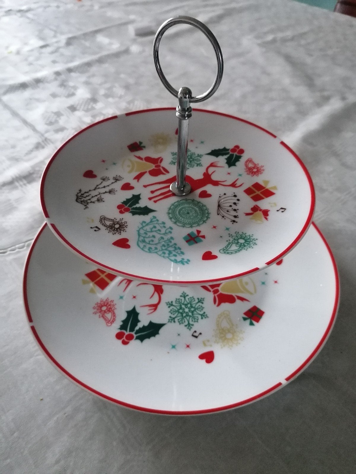 Kerst etagère met feestelijke opdruk, Huis en Inrichting, Ophalen of Verzenden, Zo goed als nieuw, Etagère, Steen/keramiek