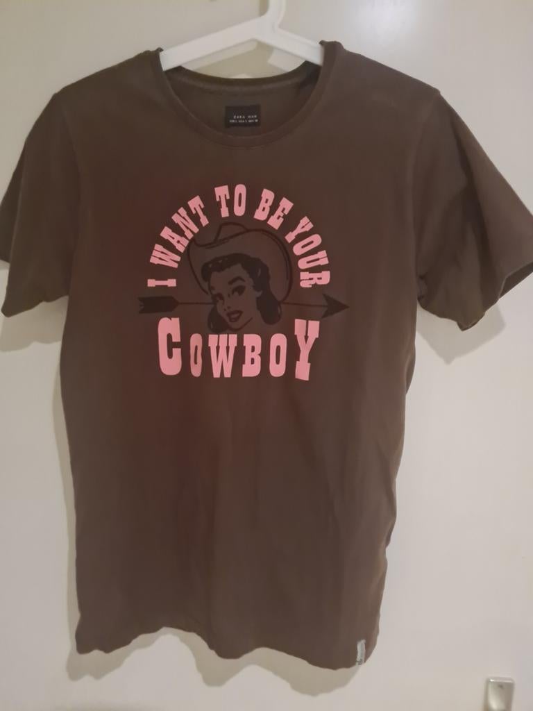 Zara Man T-shirt 'I want to be your Cowboy' Maat L, Maat 52/54 (L), Bruin, Ophalen of Verzenden, Zara Man