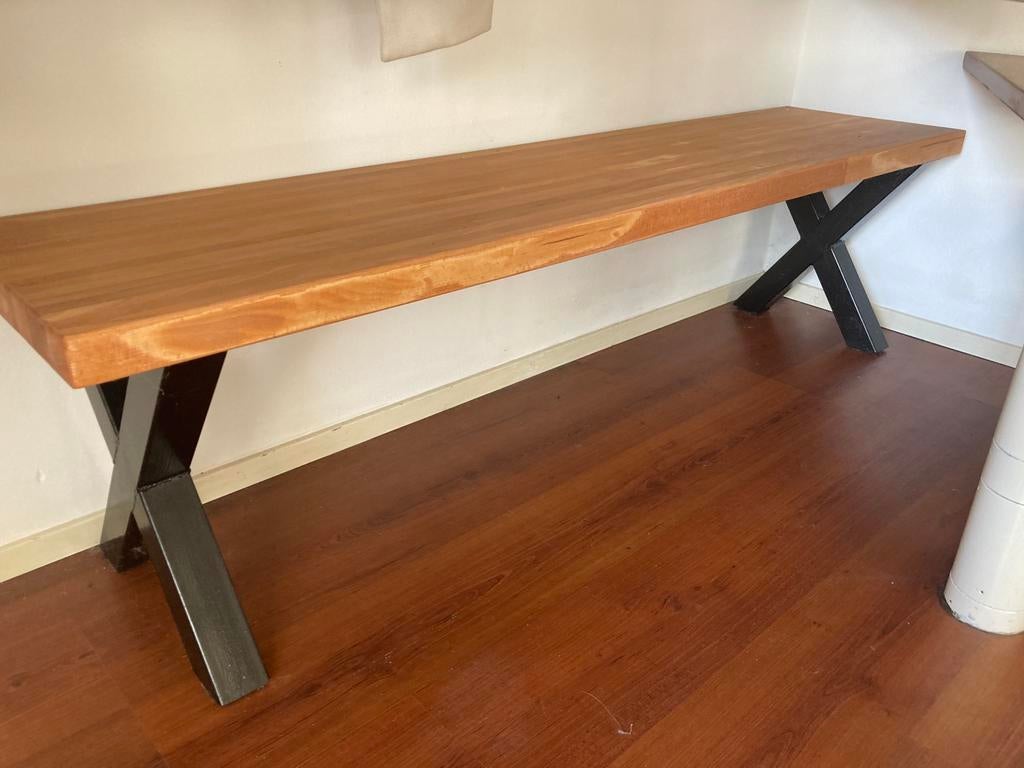Eetbank eettafelbank bank tafel beuken stalen X poten, Huis en Inrichting, Tafels | Eettafels, Minder dan 50 cm, Zo goed als nieuw
