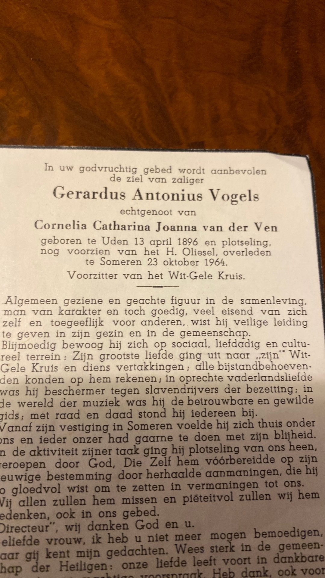 GA Vogels x vd Ven 1896 Uden 1964 Someren, Verzamelen, Bidprentjes en Rouwkaarten, Ophalen of Verzenden