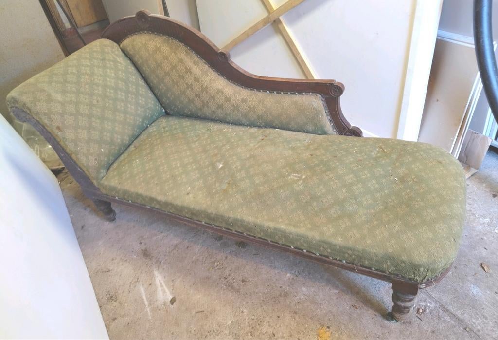 Antieke chaise longue - Groen bank, Huis en Inrichting, Ophalen, Gebruikt, Tweepersoons, Stof