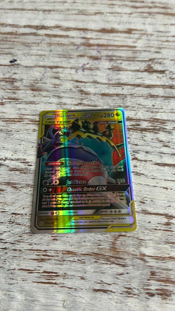 Naganadel & Guzzlord GX TAG TEAM Pokémon Kaart, Ophalen of Verzenden, Zo goed als nieuw, Losse kaart, Foil