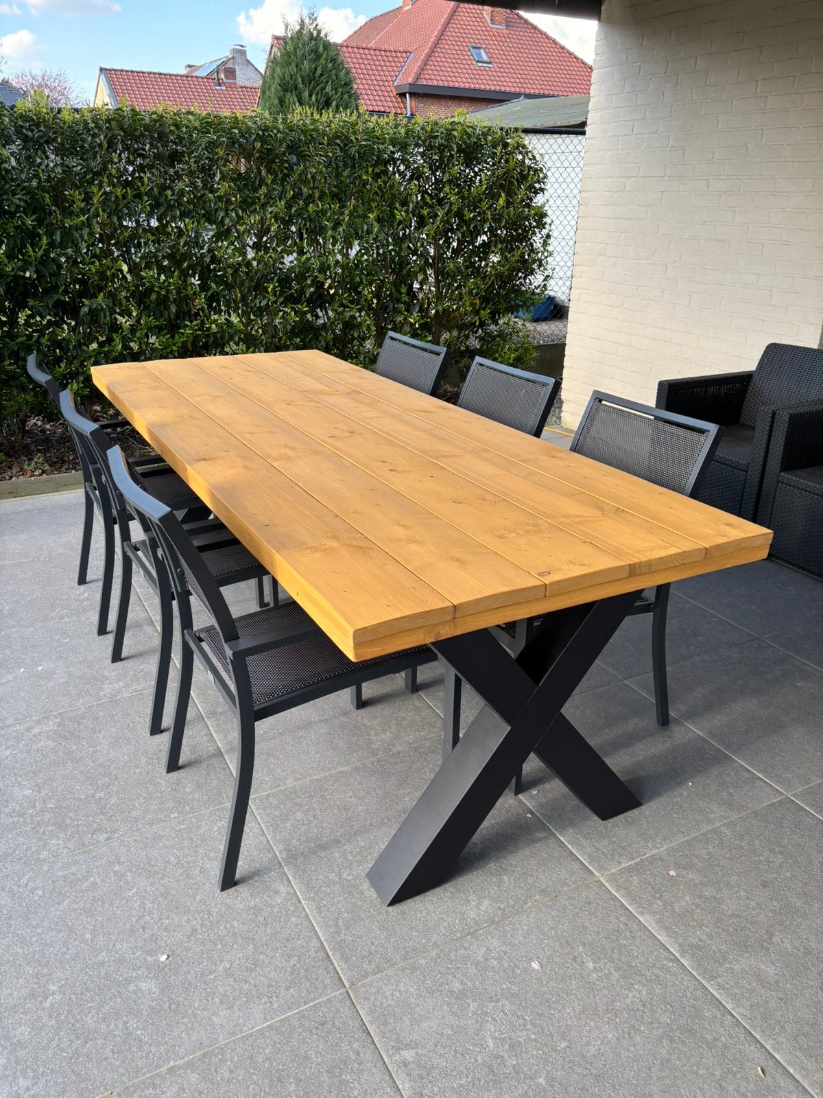 Tuintafel 245cm - massief hout - industriële look, Ophalen, Zo goed als nieuw, Rechthoekig, Hout