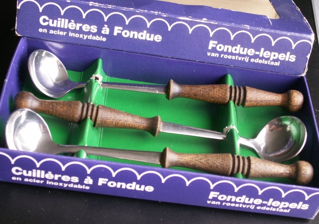 3 fondue lepeltjes houten handvat modern RVS KaBe edelstahl, Ophalen of Verzenden, Nieuw, Rvs of Chroom