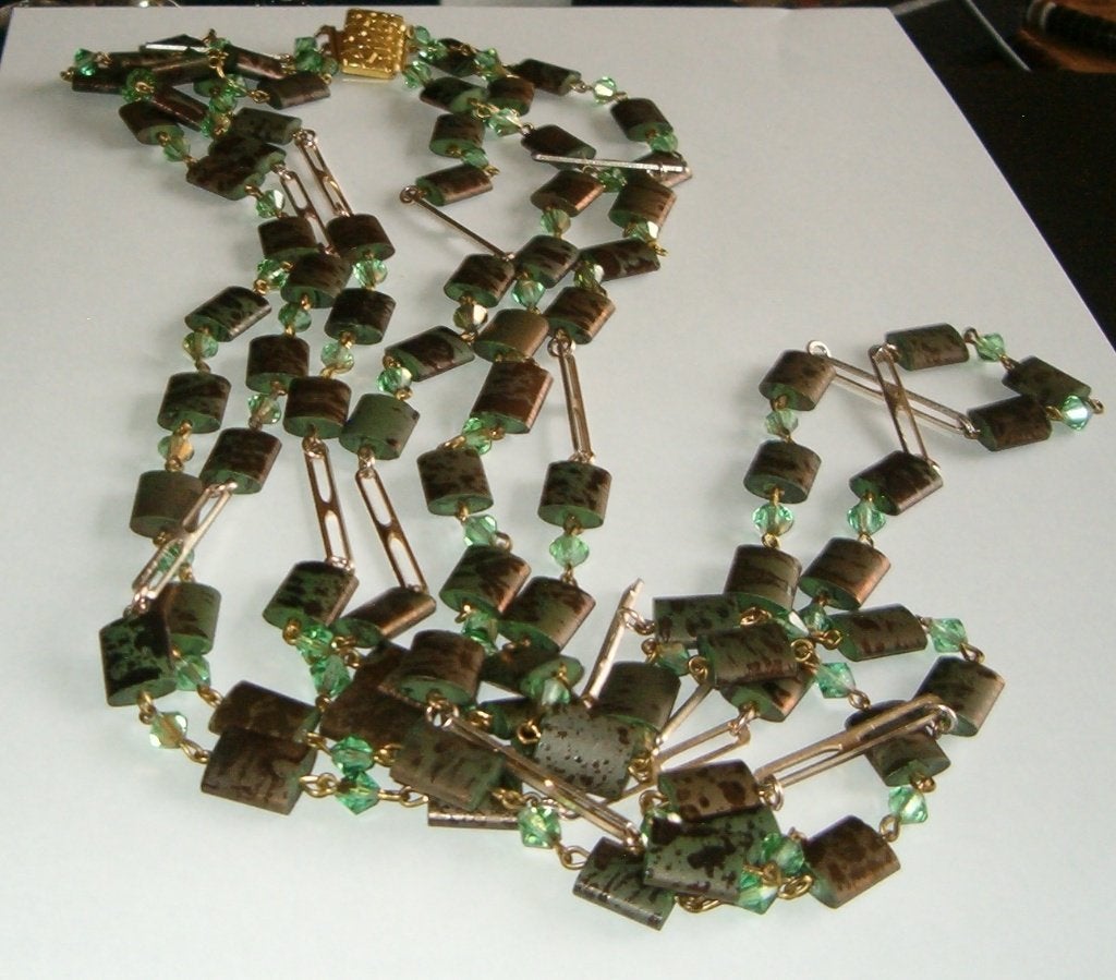 Lang 50ties collier glas, 3 rijen groen,-brons- goudkleurig, Sieraden, Tassen en Uiterlijk, Kettingen, Verzenden, Zo goed als nieuw