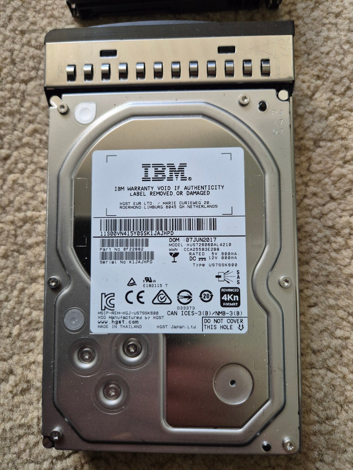 IBM HUS726060AL4210 6TB SAS 12Gb/s 7200RPM HDD met Caddy, Intern, Gebruikt, SAS, Server
