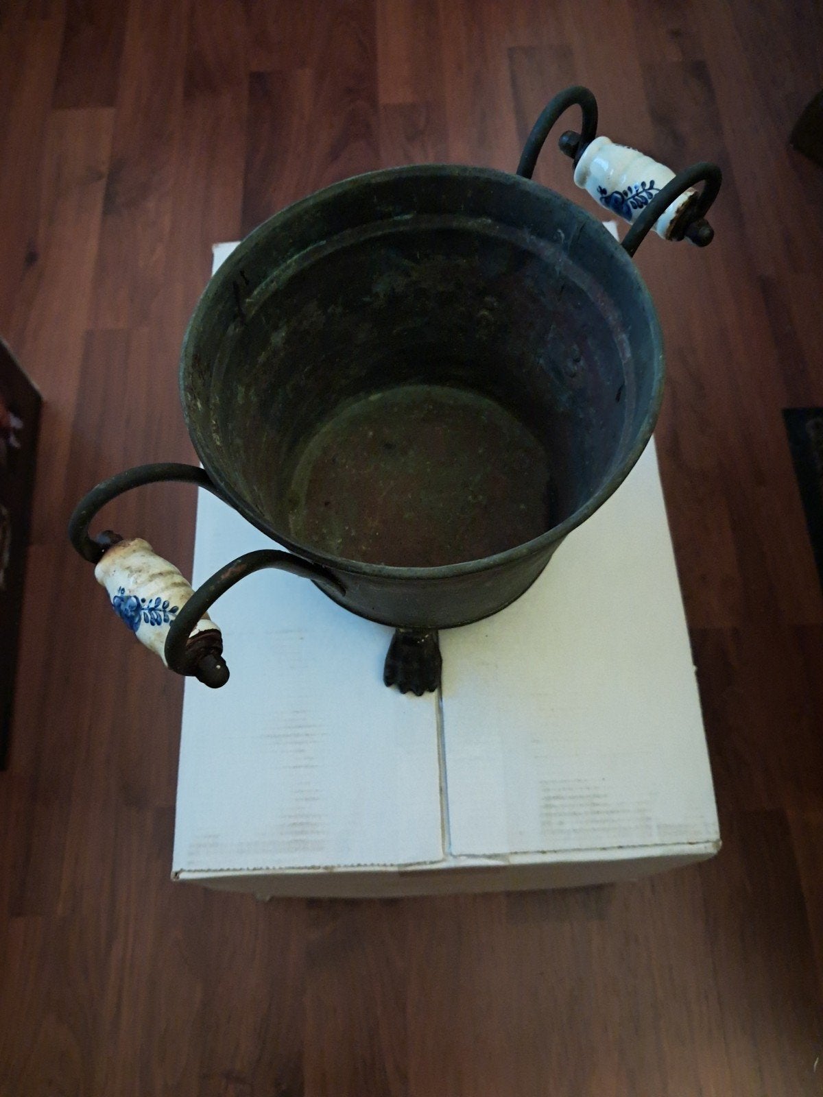 Antieke Koperen Pot met Delft Blauwe Handvaten, Ophalen of Verzenden