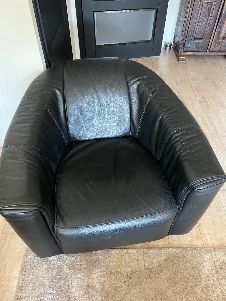 Zwart leren draai fauteuil, Ophalen, Gebruikt, 75 tot 100 cm, Modern