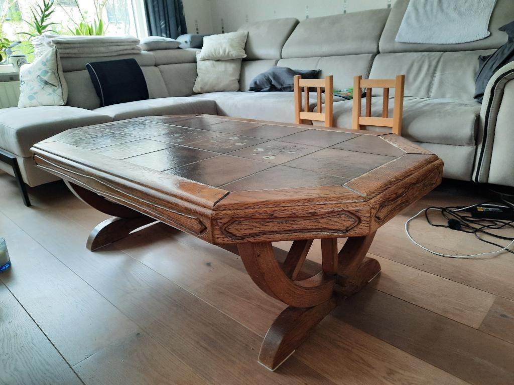 Eiken salontafel met stenen inleg, Ophalen, Gebruikt, 50 tot 100 cm, Eikenhout