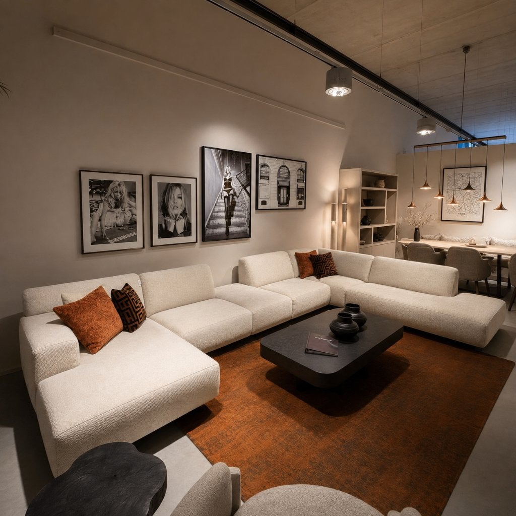 Grote Luxe lounge bank Beige **Elementen bank**Showroom, Ophalen, Hoekbank, Nieuw, Minder dan 150 cm