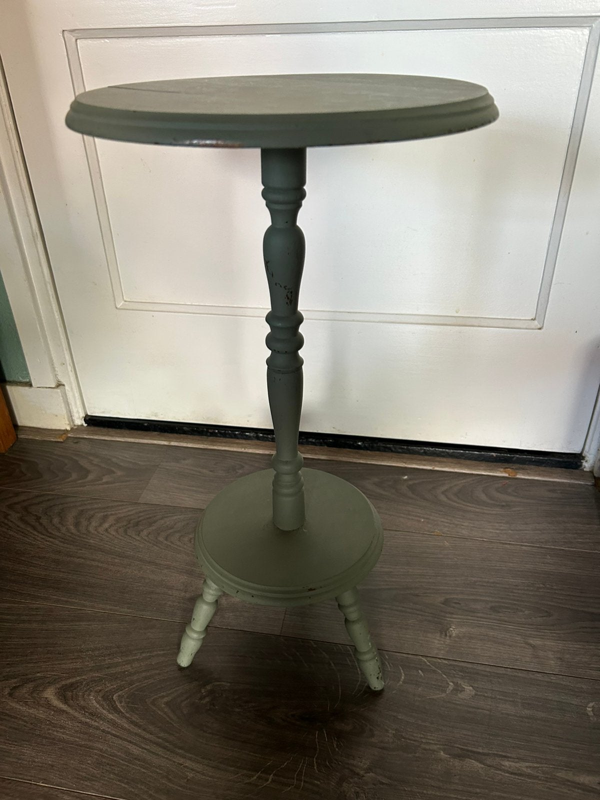 Groen geverfd houten plantentafel / bijzettafeltje, Ophalen, Zo goed als nieuw, Rond, Minder dan 55 cm