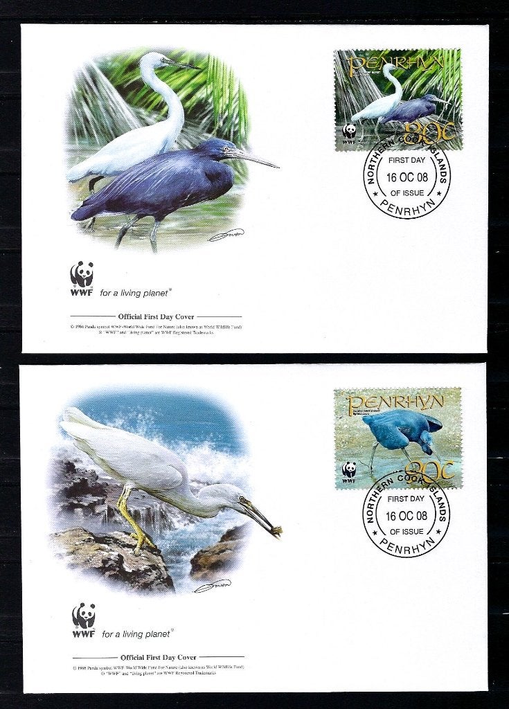 WWF Penrhyn 4x FDC uit 2008  (reiger), Ophalen of Verzenden, Dier of Natuur
