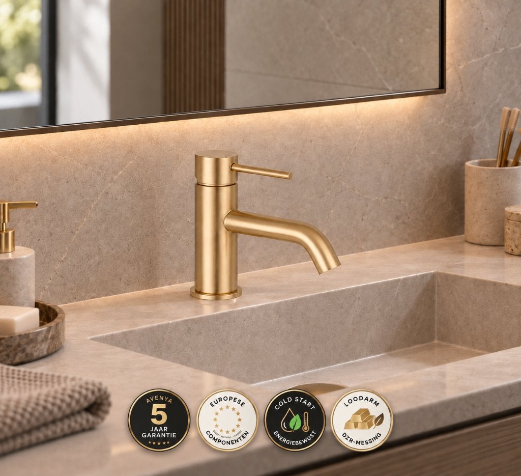 AVENYA Grace – Lage wastafelkraan Brushed Gold nu EUR 209,-, Doe-het-zelf en Verbouw, Verzenden, Nieuw, Kraan