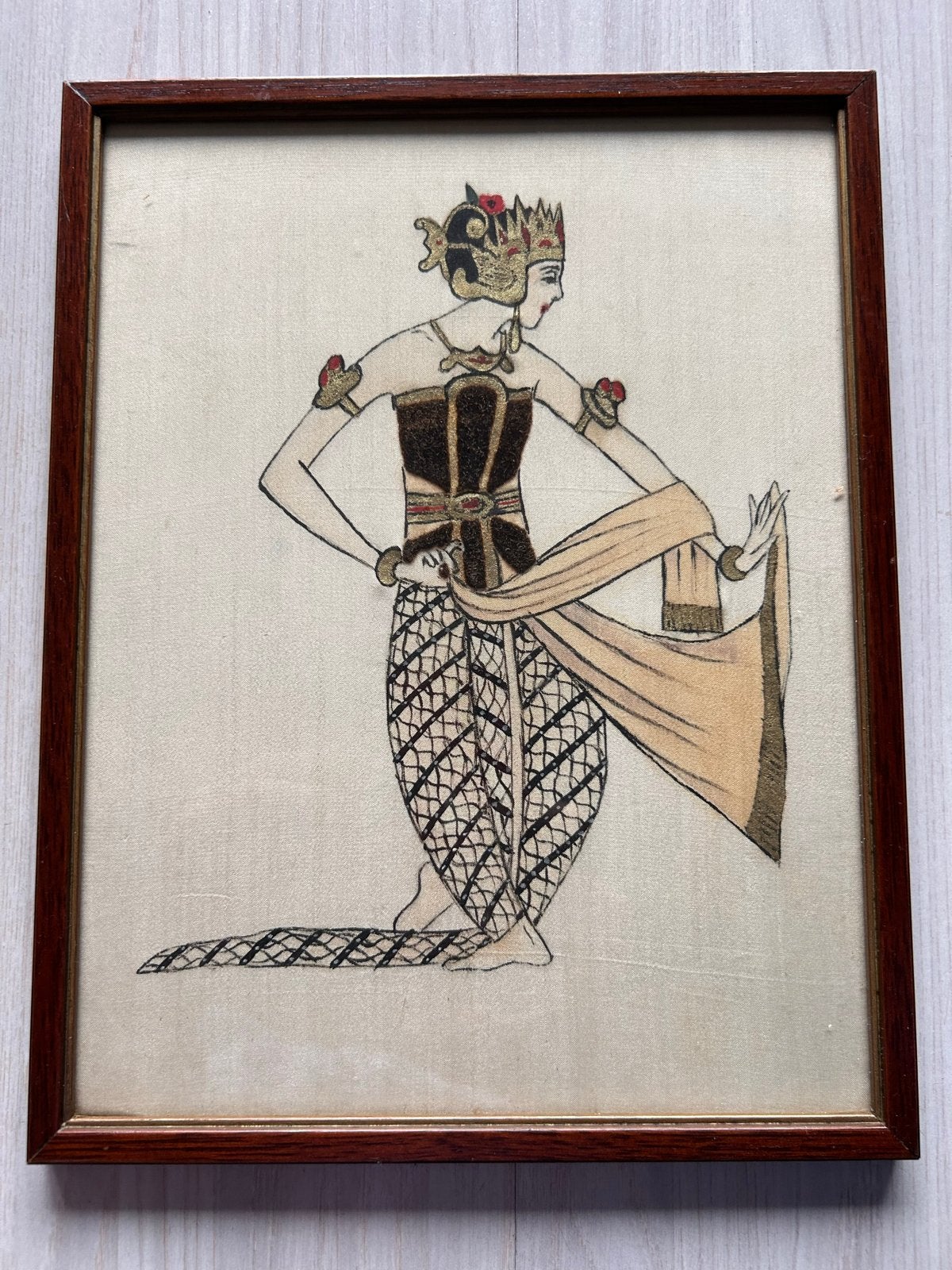 Vintage Indonesische Danseres Borduurwerk in Lijst, Ophalen of Verzenden
