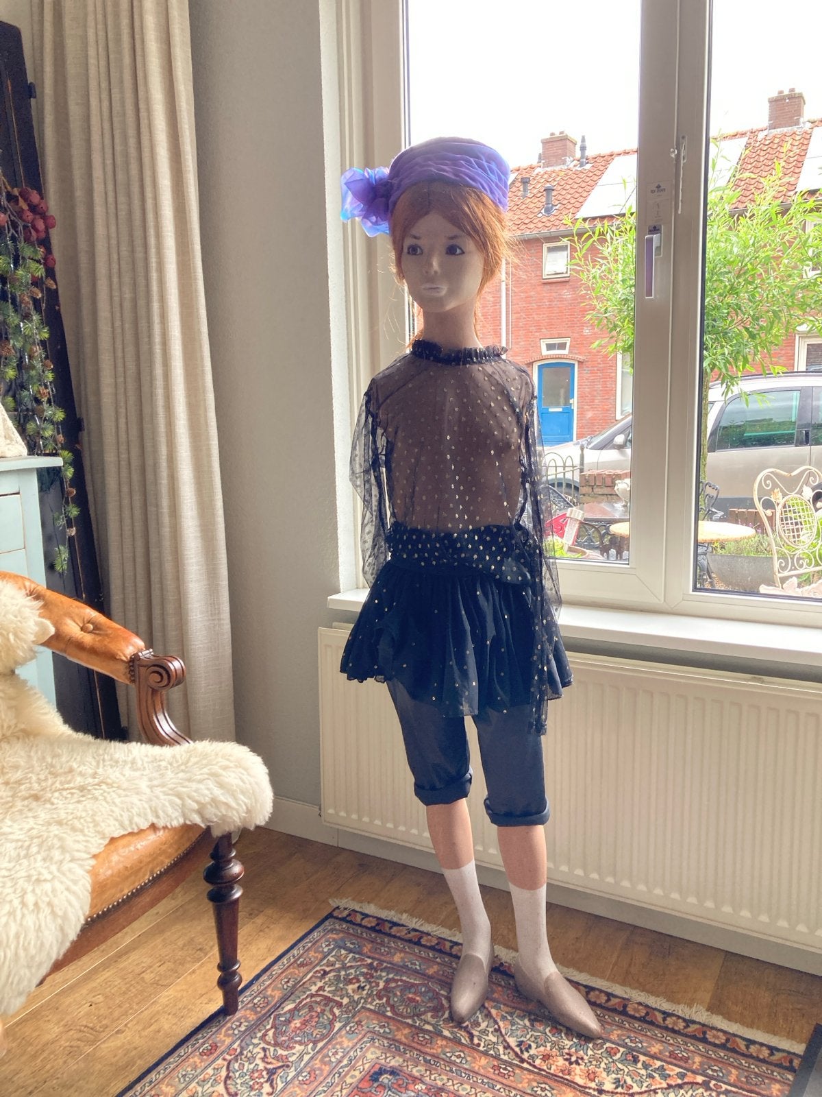Vintage etalagepop kind, met pruik en kleding, Ophalen