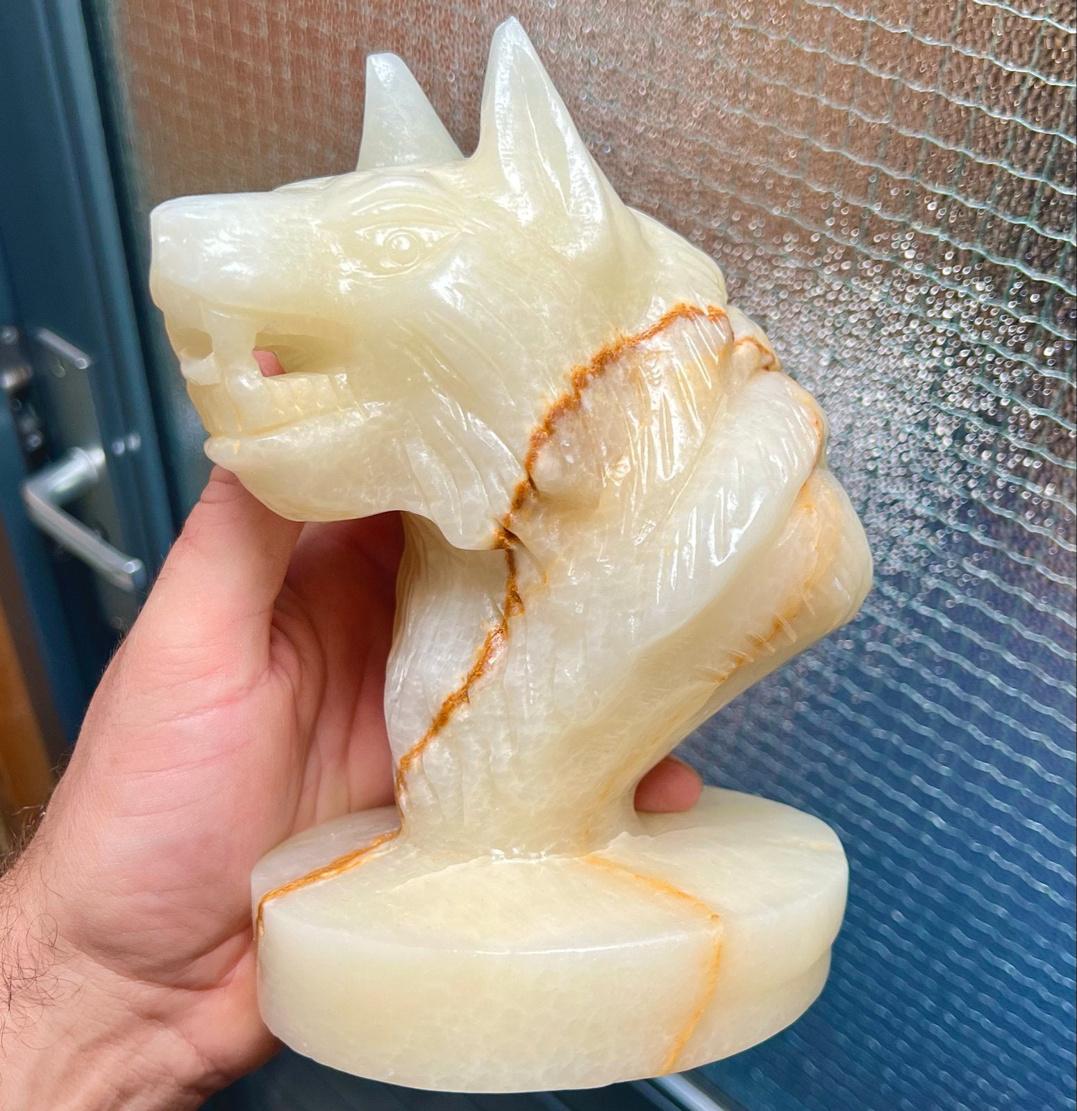 Unieke Onyx Wolf Carving - Handgemaakt Beeld, Ophalen of Verzenden, 20 - 50 cm, Steen of Keramiek, Beeld