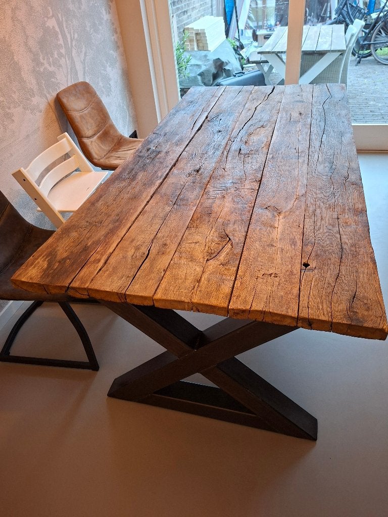 Eetkamertafel van wagonhout, Ophalen, Gebruikt, 200 cm of meer, 50 tot 100 cm
