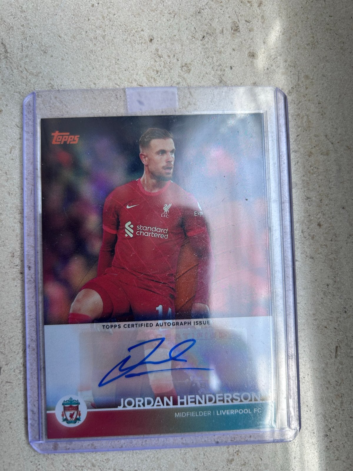 /25 Jordan Henderson gesigneerde kaart Liverpool FC Topps, Verzamelen, Ophalen of Verzenden, Zo goed als nieuw, Buitenlandse clubs