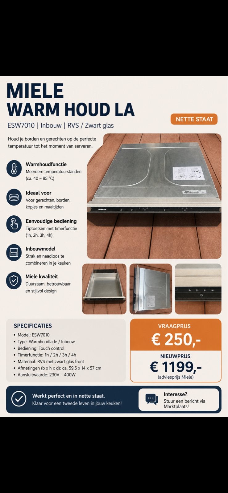 Miele ESW7010 Warmhoudlade - RVS / Zwart glas, Witgoed en Apparatuur, Onderdelen en Toebehoren, Ophalen, Zo goed als nieuw