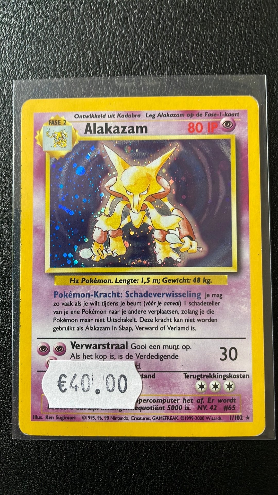Pokemon kaart alakazam base set 1/102, Hobby en Vrije tijd, Verzamelkaartspellen | Pokémon, Ophalen of Verzenden, Gebruikt, Losse kaart