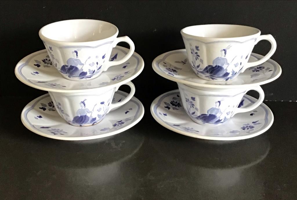4 Longchamp Blue Moustiers kop en schotels, vintage jaren 50, Ophalen of Verzenden