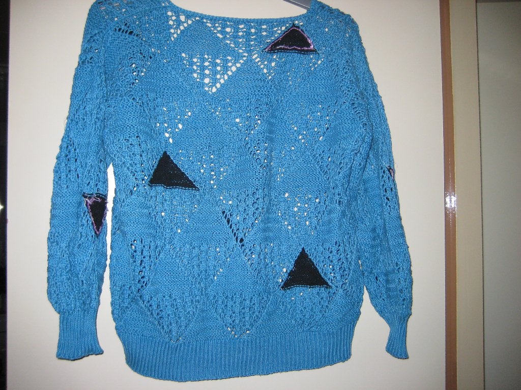 Blauwe handgebreide trui, 44, in de rug uitgesneden (102), Ophalen of Verzenden, Zo goed als nieuw, Maat 42/44 (L), Blauw