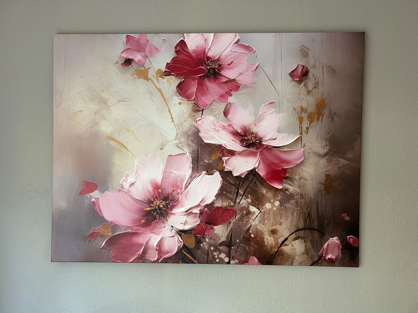 Schilderij 120x90 cm - Roze Bloemen - Nieuw, Ophalen, Met textuur, Olieverf, Bloemen