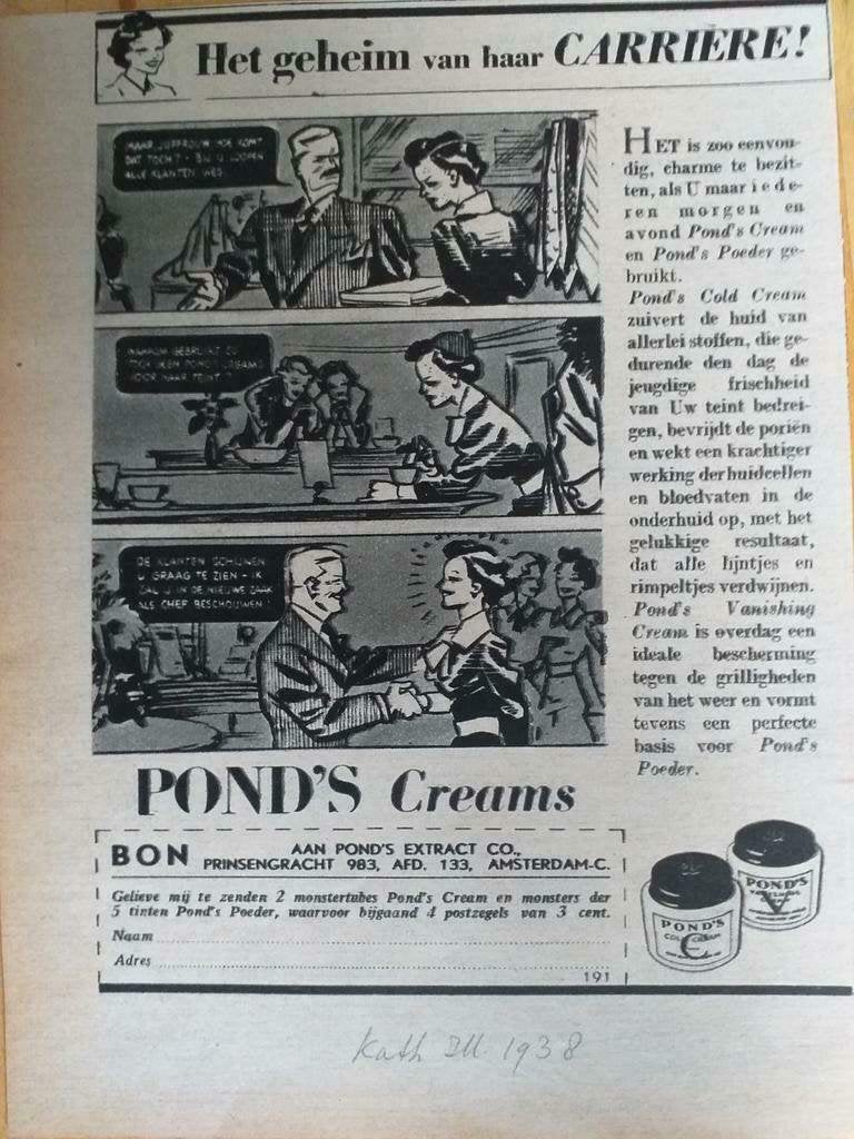PONDS 'S CREAMS STRIPJE/ADVERTENTIE UIT TIJDSCHRIFT 1938, Verzamelen, Tijdschriften, Kranten en Knipsels, Ophalen of Verzenden