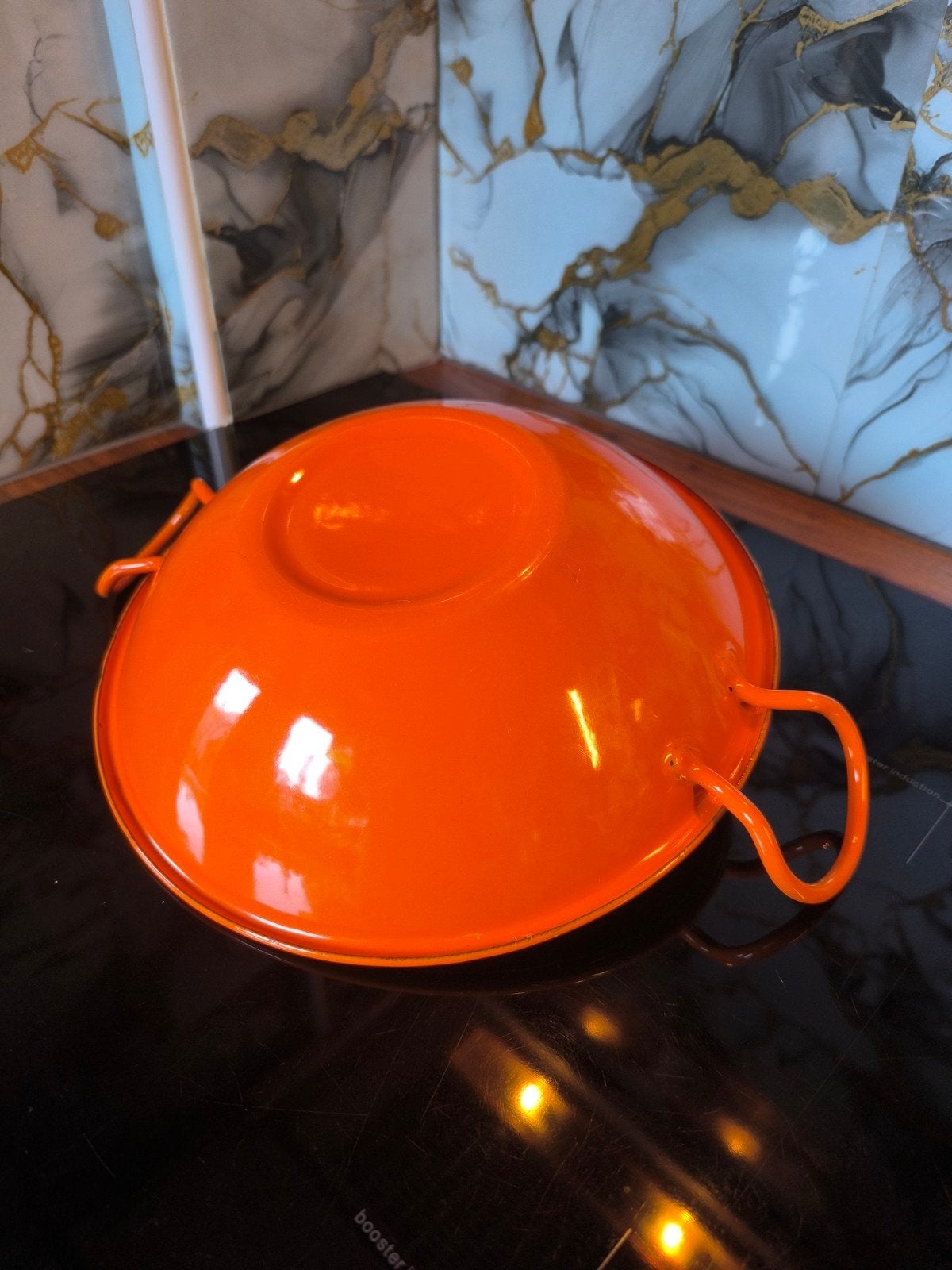 Vintage oranje emaille schaal / pan met handgrepen, Ophalen of Verzenden