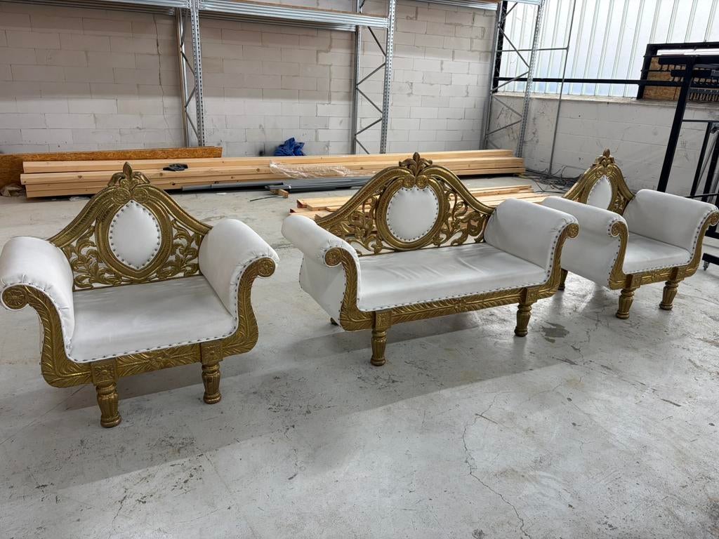 Bruidsbanken / trouwbankset goud/wit, Huis en Inrichting, Ophalen, Gebruikt, Vierpersoons of meer, Rechte bank