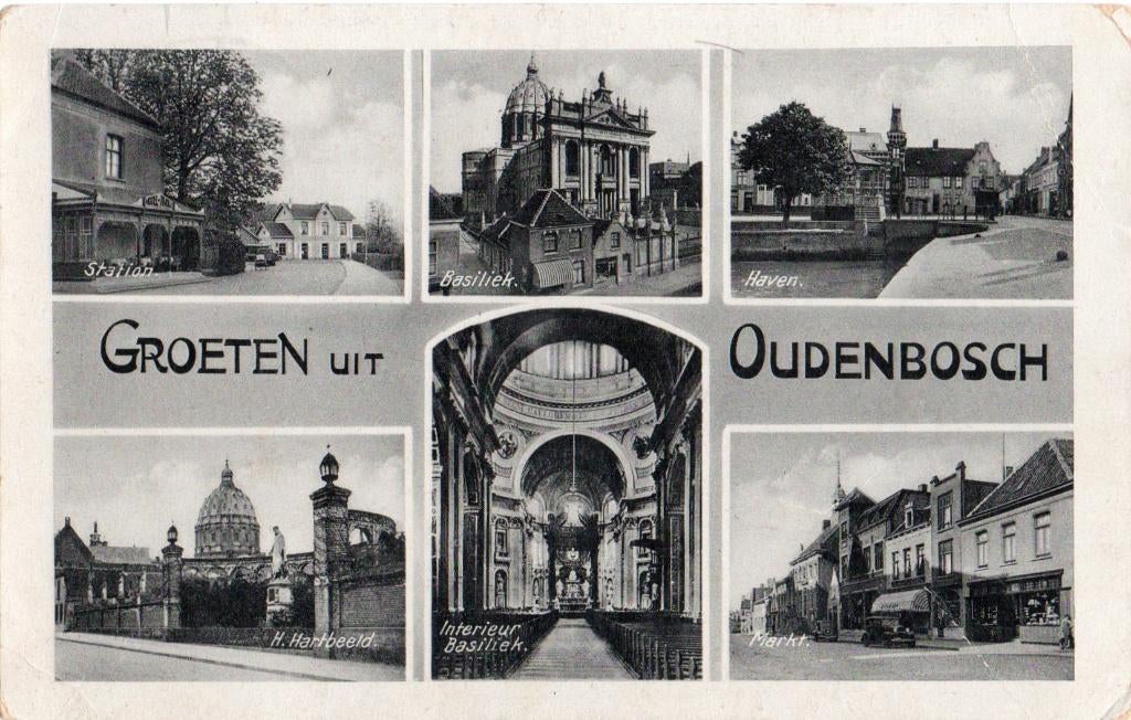 Oudenbosch, Groeten uit met zes dorpsgezicht. 6282, Verzamelen, Ansichtkaarten | Nederland, Verzenden, 1920 tot 1940, Gelopen