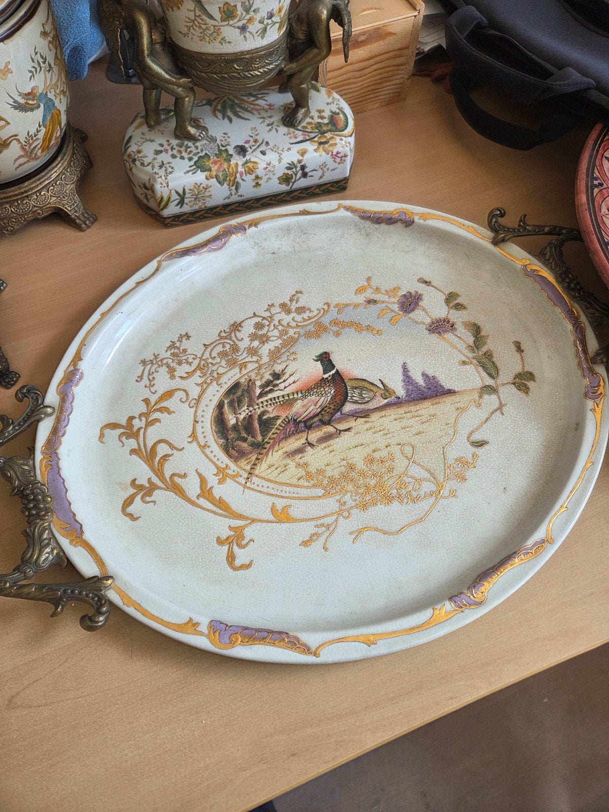 Antieke ovale schaal met fazantdecor en bronzen handvatten, Ophalen of Verzenden