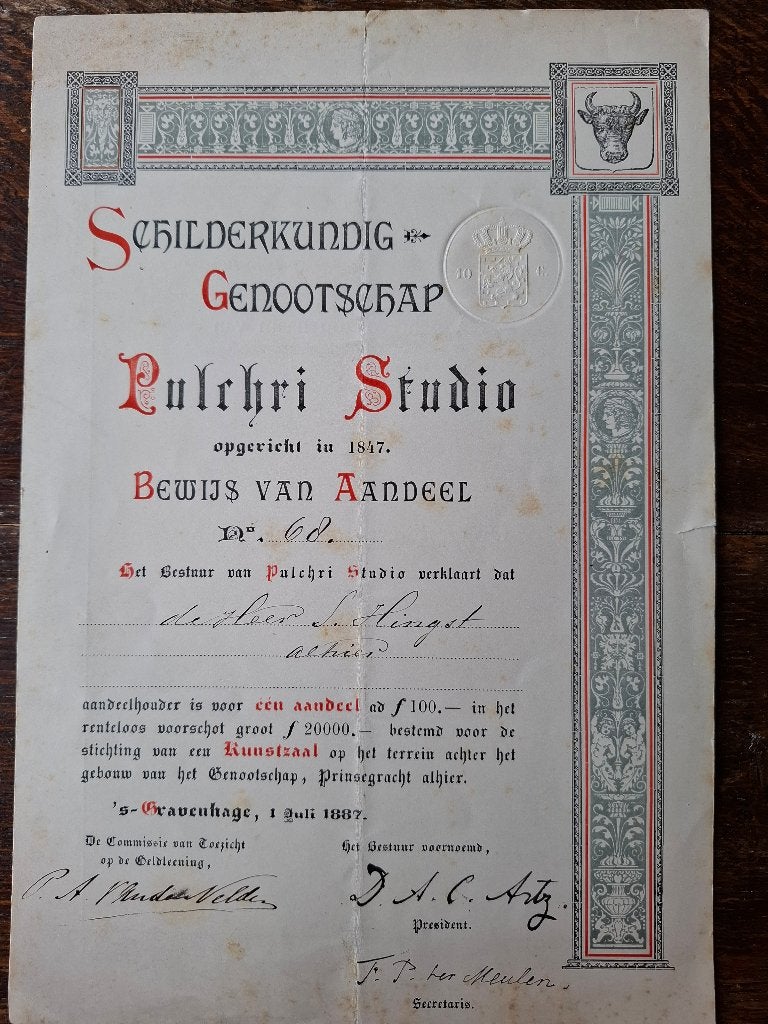 Bewijs van Aandeel Pulchri Studio, Ophalen of Verzenden, Voor 1920, Aandeel