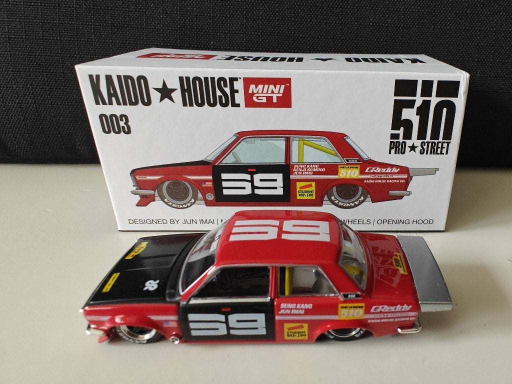 Kaido House x Mini GT #003: Datsun 510 Pro Street (Red), Ophalen of Verzenden, Zo goed als nieuw, Auto