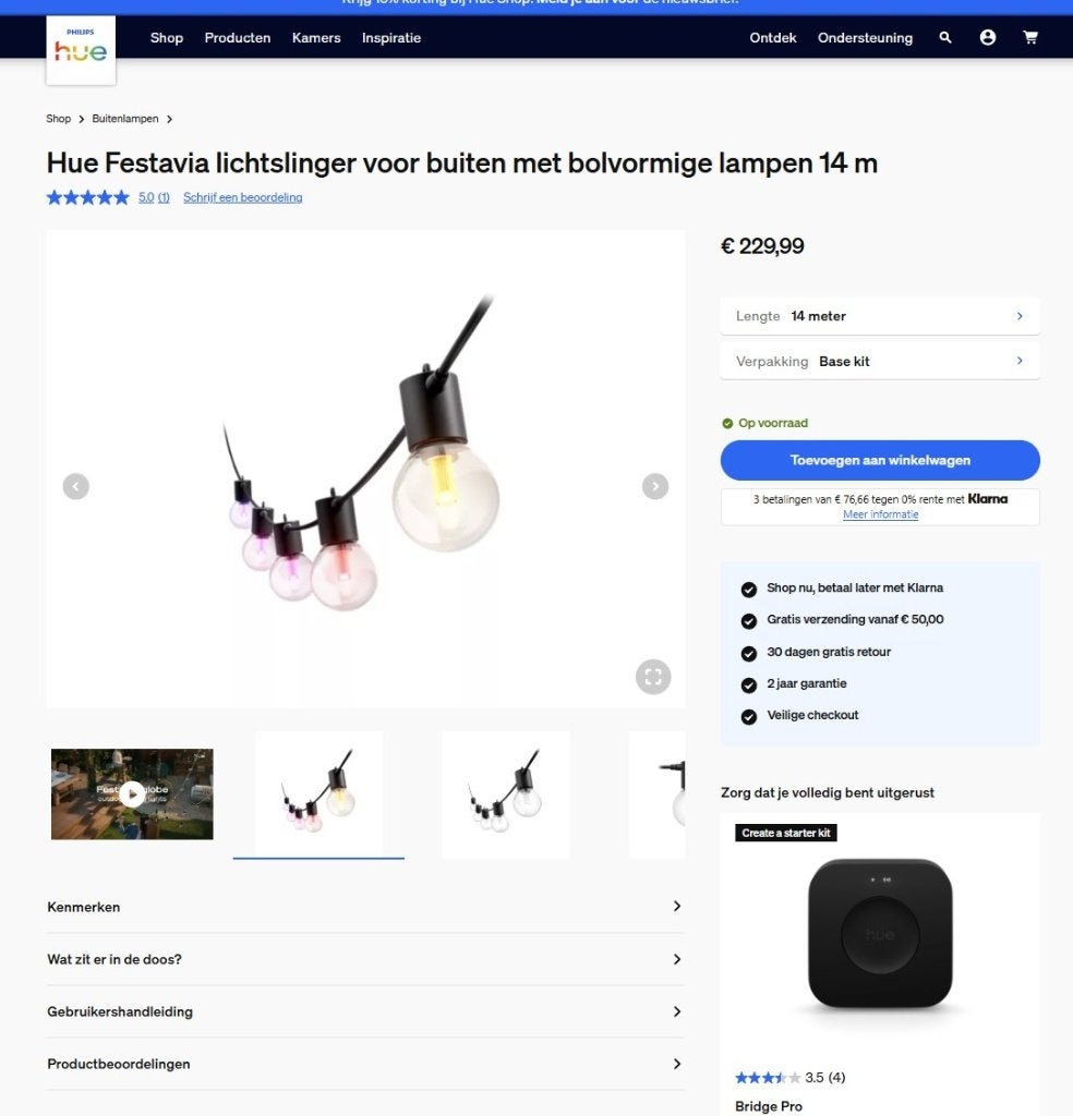 Hue Festavia outdoor lichtsnoer 14 meter met 20 lampen, Led-lamp, Zo goed als nieuw, Bedienbaar via app, 10 tot 30 watt