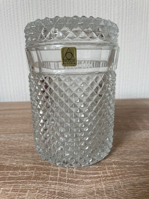 Vintage Glazen bewaarpot – Overglas uit Austria–Met sticker!, Voorraadpot, Ophalen of Verzenden, Gebruikt, Glas