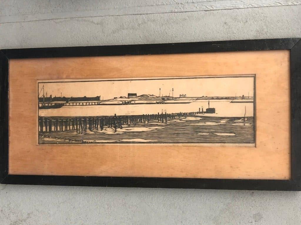 houtsnede eigen druk hoek van holland dirk nijland art deco, 39 cm, Ophalen of Verzenden, Houtsnede, 83 cm