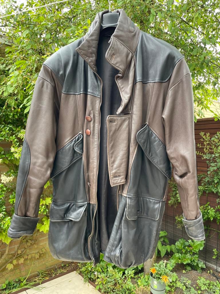Vintage Leren Jas - Bruin/Zwart - Maat 48, Ophalen of Verzenden, Gedragen, Maat 46/48 (XL) of groter, Bruin