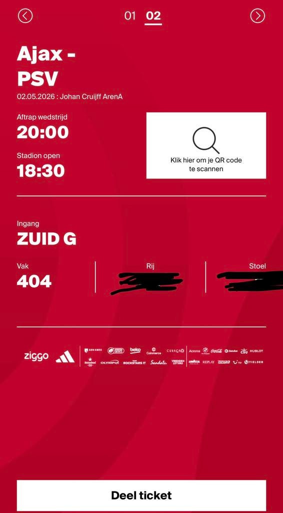2 tickets Ajax vs PSV Naast elkaar!!, Twee personen